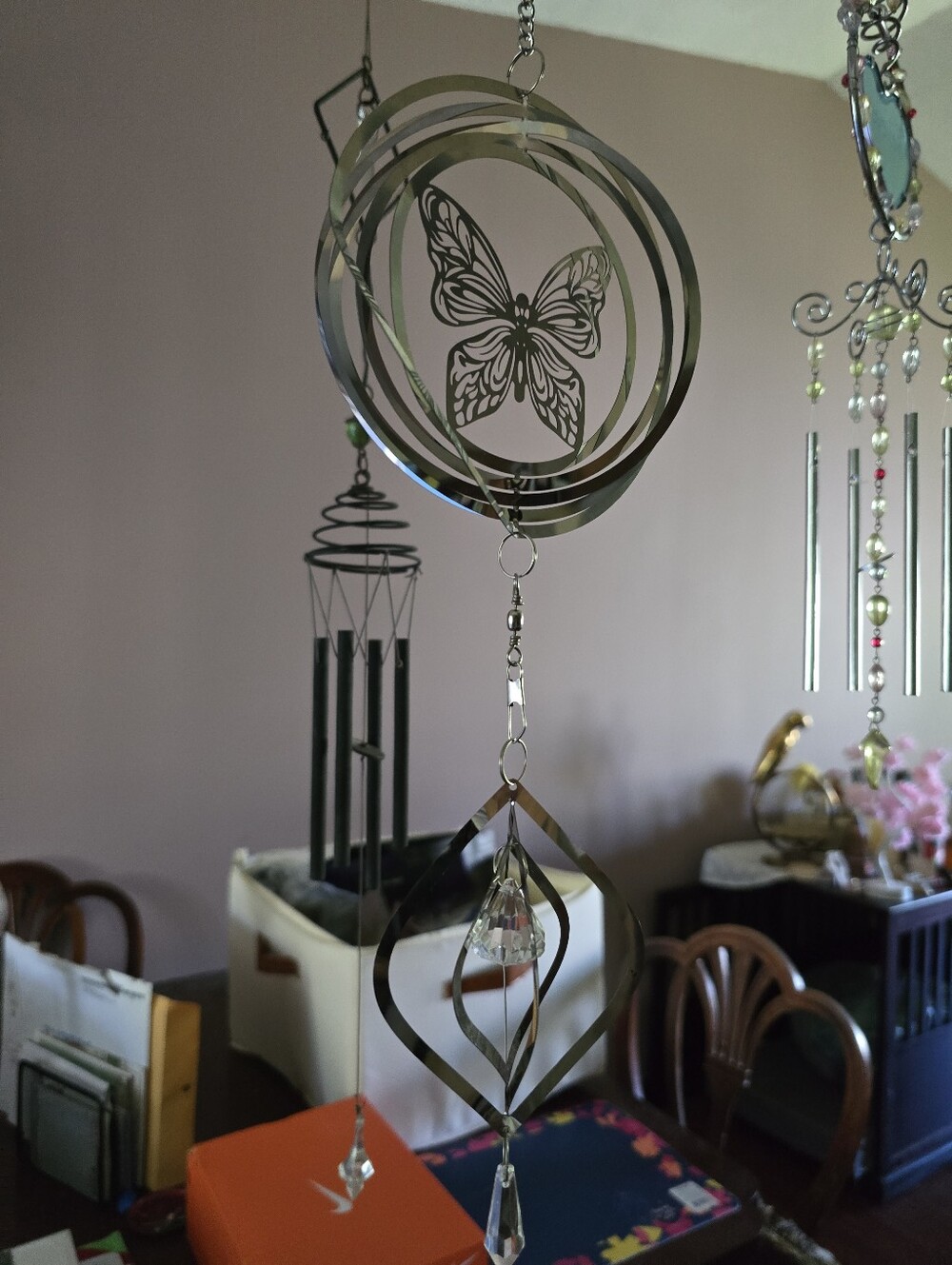 Silver Butterfly Spiral Wind Chime Suncatcher